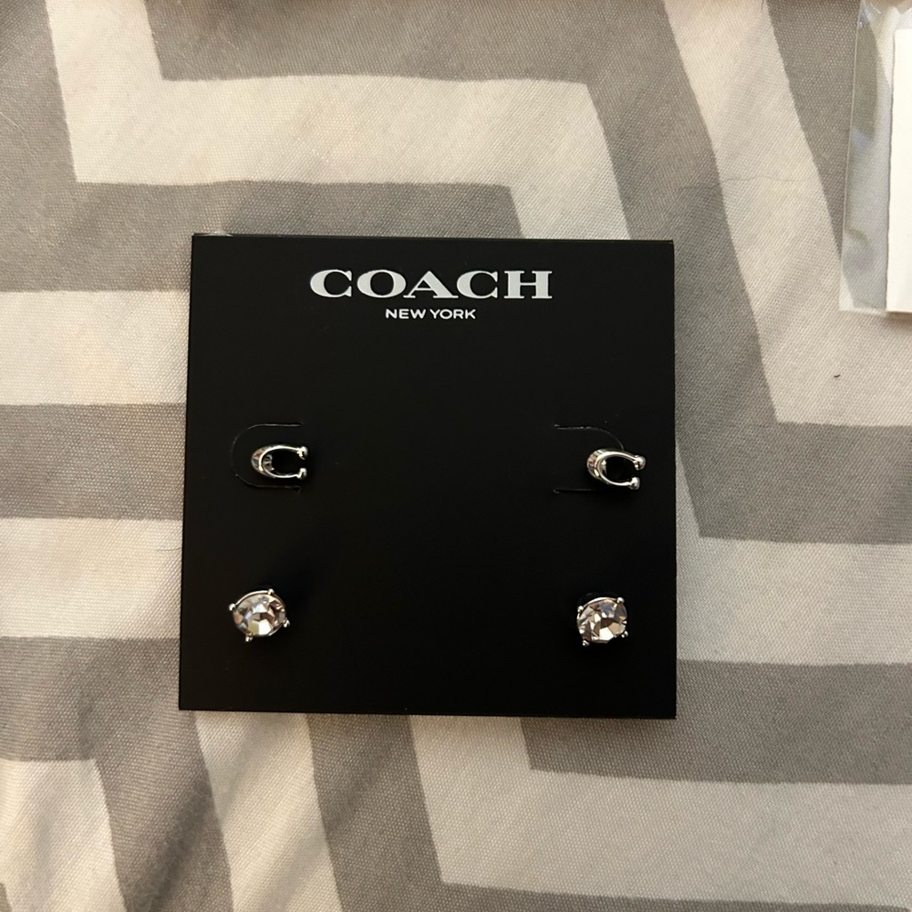 Coach Stud Earrings- Sterling Silver- Cubic Zirconia & “C”